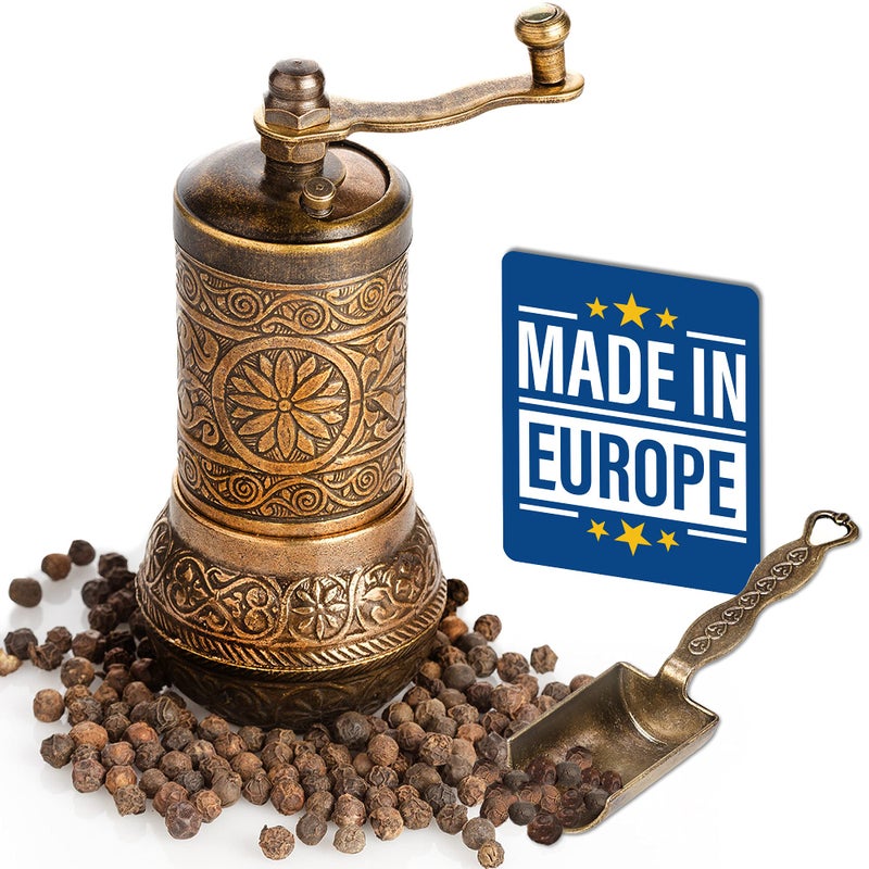 Crystalia Decorative Black Pepper Grinder, Refillable Turkish Spice Mill with Adjustable Coarseness, Manual Pepper Mill with Handle, Spice Grinder Metal with Hand Crank, Antique Gold - Image 1
